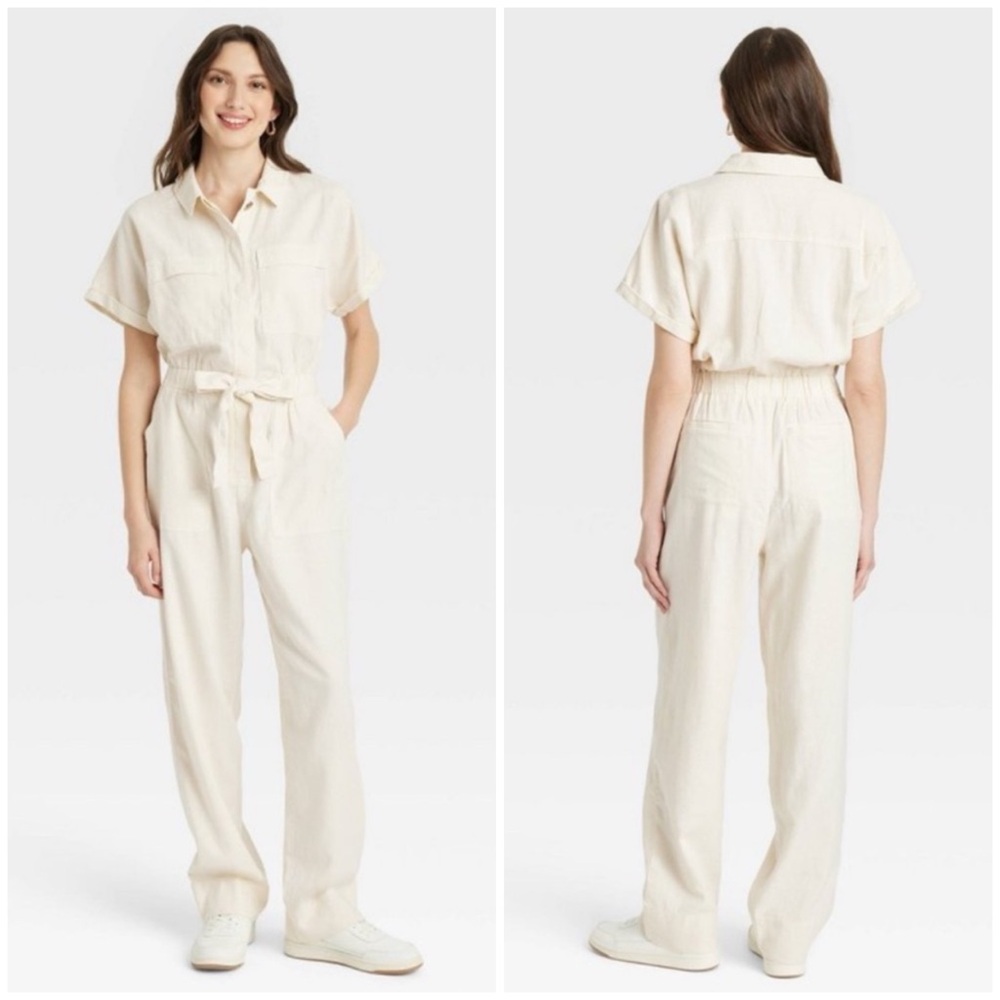 Universal Thread Short-Sleeve Linen Jumpsuit in cream. Size: 14 - Picture 15 of 15